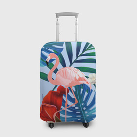 Чехол для чемодана 3D с принтом Фламинго в папоротнике в Кировске, 86% полиэфир, 14% спандекс | двустороннее нанесение принта, прорези для ручек и колес | папоротник | птица | рисунок | тропики | фламинго | фламинго в папоротнике