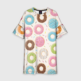 Детское платье 3D с принтом Пончики / Donuts в Кировске, 100% полиэстер | прямой силуэт, чуть расширенный к низу. Круглая горловина, на рукавах — воланы | Тематика изображения на принте: bagel | cookies | donut | pastry | pie | ring | бублик | выпечка | колечко | печенье | пирожок | пончик