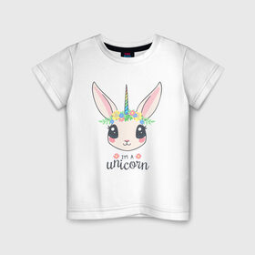 Детская футболка хлопок с принтом Кролик-единорог в Кировске, 100% хлопок | круглый вырез горловины, полуприлегающий силуэт, длина до линии бедер | animals | bunny | unicorn | единорог | животные | кролик