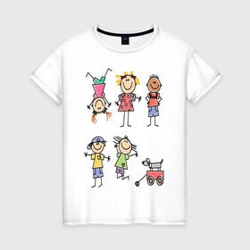 Женская футболка хлопок с принтом Дети в Кировске, 100% хлопок | прямой крой, круглый вырез горловины, длина до линии бедер, слегка спущенное плечо | девочка | дети | игра | картинки | мальчик | рисунок