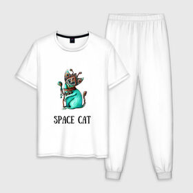 Мужская пижама хлопок с принтом Space cat в Кировске, 100% хлопок | брюки и футболка прямого кроя, без карманов, на брюках мягкая резинка на поясе и по низу штанин
 | cat | space | инопланетянин | киска | космос | кошка