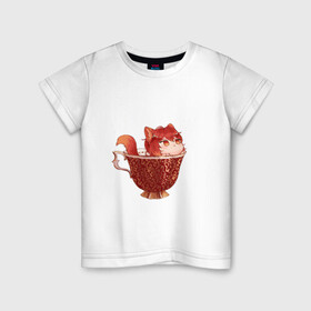 Детская футболка хлопок с принтом Котик Дилюк в Кировске, 100% хлопок | круглый вырез горловины, полуприлегающий силуэт, длина до линии бедер | Тематика изображения на принте: арт | дилюк | кружка | кружка чая | милый парень | неко | рисунок | чашка