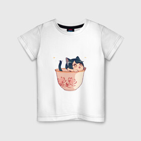 Детская футболка хлопок с принтом Котик Сян Лин в Кировске, 100% хлопок | круглый вырез горловины, полуприлегающий силуэт, длина до линии бедер | арт | кружка | кружка чая | милая девушка | неко | рисунок | сян лин | чашка
