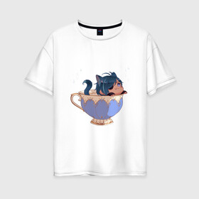 Женская футболка хлопок Oversize с принтом Котик Кэйа в Кировске, 100% хлопок | свободный крой, круглый ворот, спущенный рукав, длина до линии бедер
 | Тематика изображения на принте: арт | кейа | кружка | кружка чая | кэйа | милый парень | неко | рисунок | чашка