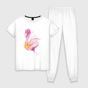 Женская пижама хлопок с принтом Фламинго рисунок акварелью в Кировске, 100% хлопок | брюки и футболка прямого кроя, без карманов, на брюках мягкая резинка на поясе и по низу штанин | africa | afrika | aquarel | bird | fashion | flamingo | paint | painted | pink flamingo | summer | watercolor | watercolour | акварельный рисунок | африка | красками | краски | лето | мода | нарисованный фламинго | птица | розовый фламинго | 