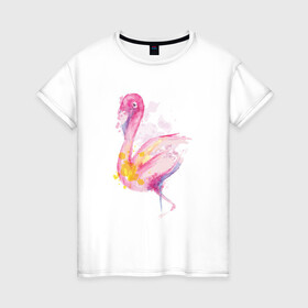Женская футболка хлопок с принтом Фламинго рисунок акварелью в Кировске, 100% хлопок | прямой крой, круглый вырез горловины, длина до линии бедер, слегка спущенное плечо | africa | afrika | aquarel | bird | fashion | flamingo | paint | painted | pink flamingo | summer | watercolor | watercolour | акварельный рисунок | африка | красками | краски | лето | мода | нарисованный фламинго | птица | розовый фламинго | 