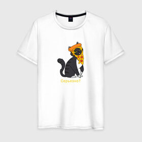 Мужская футболка хлопок с принтом Забавный кот в Кировске, 100% хлопок | прямой крой, круглый вырез горловины, длина до линии бедер, слегка спущенное плечо. | Тематика изображения на принте: животные | кот | котенок | пицца | смешной кот