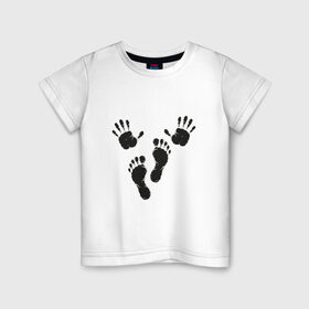 Детская футболка хлопок с принтом Руки-ноги в Кировске, 100% хлопок | круглый вырез горловины, полуприлегающий силуэт, длина до линии бедер | ноги | отпечатки | руки | руки ноги | черное лого | черные отпечатки | черный принт