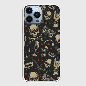 Чехол для iPhone 13 Pro Max с принтом Рок музыка в Кировске,  |  | guitar | microph | music | punk | rock | skeleton | skull | speakers | tape recorder | vinyl record | аудиокассета | басс гитара | виниловая пластинка | гитара | колонки | магнитофон | микрофон | музыка | наушники | панк | р