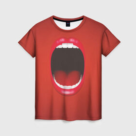 Женская футболка 3D с принтом Губы с языком в Кировске, 100% полиэфир ( синтетическое хлопкоподобное полотно) | прямой крой, круглый вырез горловины, длина до линии бедер | lips with tongue | mouth | scarlet lips | teeth | губы алые | губы с языком | зубы | рот