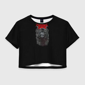 Женская футболка Crop-top 3D с принтом Cannibal Corpse в Кировске, 100% полиэстер | круглая горловина, длина футболки до линии талии, рукава с отворотами | at | back | birth | bleeding | bloodthirst | butchered | cannibal | corpse | eaten | evisceration | gallery | gore | kill | kreaton | life | mutilated | obsessed | of | slayer | sodom | spawn | suicide | the | to | tomb | unimagined | v