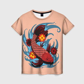 Женская футболка 3D с принтом Японский Карп в Кировске, 100% полиэфир ( синтетическое хлопкоподобное полотно) | прямой крой, круглый вырез горловины, длина до линии бедер | fish | japan | koi | животные | иероглифы | карпы | кои | рыбы | цветы | япония
