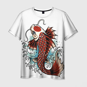 Мужская футболка 3D с принтом Карп Кои (Япония) в Кировске, 100% полиэфир | прямой крой, круглый вырез горловины, длина до линии бедер | fish | japan | koi | животные | иероглифы | карпы | кои | рыбы | цветы | япония