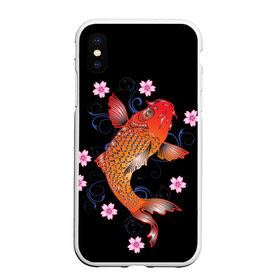 Чехол для iPhone XS Max матовый с принтом Карп Кои с Цветами в Кировске, Силикон | Область печати: задняя сторона чехла, без боковых панелей | fish | japan | koi | животные | иероглифы | карпы | кои | рыбы | цветы | япония