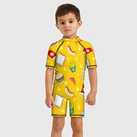 Детский купальный костюм 3D с принтом Фастфуд в Кировске, Полиэстер 85%, Спандекс 15% | застежка на молнии на спине | бургеры | бутерброд | вредная еда | еда | мороженое | пицца | сок | фастфуд | хотдог