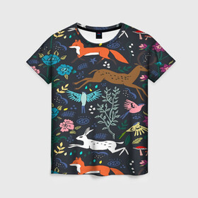 Женская футболка 3D с принтом Звери и Природа в Кировске, 100% полиэфир ( синтетическое хлопкоподобное полотно) | прямой крой, круглый вырез горловины, длина до линии бедер | зайка | заяц | зверь | лес | лис | лиса | лисица | лисонька | олень | природа | птица | рога | рыжая | хищник | цветы