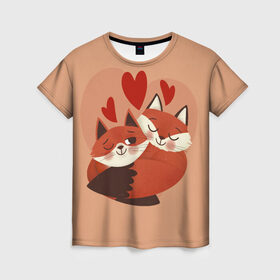 Женская футболка 3D с принтом Влюбленные Лисички в Кировске, 100% полиэфир ( синтетическое хлопкоподобное полотно) | прямой крой, круглый вырез горловины, длина до линии бедер | fox | fox love | влюбленные лисички | лисы | сердца