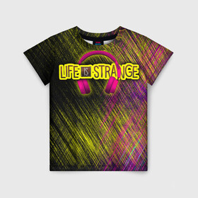 Детская футболка 3D с принтом Life is strange true color в Кировске, 100% гипоаллергенный полиэфир | прямой крой, круглый вырез горловины, длина до линии бедер, чуть спущенное плечо, ткань немного тянется | black | carbon | life is strange | yellow | надпись | наушники | розовый | текстура | узор | цвета