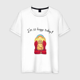 Мужская футболка хлопок с принтом Будда -Я так счастлив сегодня! в Кировске, 100% хлопок | прямой крой, круглый вырез горловины, длина до линии бедер, слегка спущенное плечо. | buddha | happy | siddhartha gautama | будда | будда шакьямуни | буддизм | духовность | медитация | сиддхартха гаутама | смех | счастливый | счастье | улыбка | я так счастлив сегодня