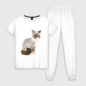 Женская пижама хлопок с принтом Grumpy Cat в Кировске, 100% хлопок | брюки и футболка прямого кроя, без карманов, на брюках мягкая резинка на поясе и по низу штанин | grumpy cat | грустный кот | кот мем | мем | сердитая кошка