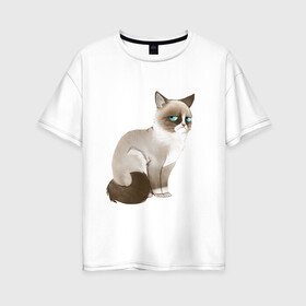 Женская футболка хлопок Oversize с принтом Grumpy Cat в Кировске, 100% хлопок | свободный крой, круглый ворот, спущенный рукав, длина до линии бедер
 | grumpy cat | грустный кот | кот мем | мем | сердитая кошка