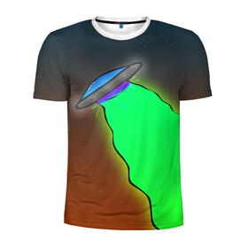 Мужская футболка 3D спортивная с принтом НЛО в Кировске, 100% полиэстер с улучшенными характеристиками | приталенный силуэт, круглая горловина, широкие плечи, сужается к линии бедра | звёзды | лучи | небо | нло