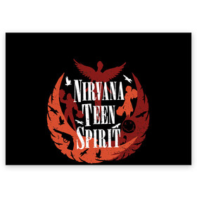 Поздравительная открытка с принтом NIRVANA TEEN SPIRIT в Кировске, 100% бумага | плотность бумаги 280 г/м2, матовая, на обратной стороне линовка и место для марки
 | Тематика изображения на принте: art | cobain | curt | girl | grunge | metal | music | nirvana | punk | rock | spiritm | usa | гранж | группа | кобэйн | курт | метал | музыка | нирвана | панк | рисунок | рок | сша