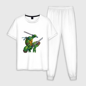 Мужская пижама хлопок с принтом Леонардо в Кировске, 100% хлопок | брюки и футболка прямого кроя, без карманов, на брюках мягкая резинка на поясе и по низу штанин
 | donatello | leonardo | michelangelo | ninja | pizza | raphael | turtles | донателло | животные | карате | комикс | комиксы | леонардо | микеланджело | мультфильм | мутант | мутанты | ниндзя | пицца | рафаэль | сплинтер | супергерой