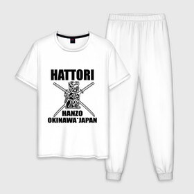 Мужская пижама хлопок с принтом Hattori в Кировске, 100% хлопок | брюки и футболка прямого кроя, без карманов, на брюках мягкая резинка на поясе и по низу штанин
 | gun | hanzo | hattori | japan | katana | okinawa | samurai | глава | ига | катана | катаны | культура | ниндзя | окинава | оружие | полководец | рода | самурай | статуэтка | сэнгоку | хандзо | хаттори | япония