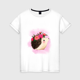 Женская футболка хлопок с принтом Ежик в Кировске, 100% хлопок | прямой крой, круглый вырез горловины, длина до линии бедер, слегка спущенное плечо | венок | еж | иголки | колючий | цветы