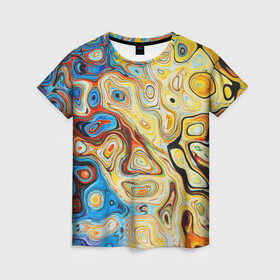 Женская футболка 3D с принтом Цветные абстрактные пятна в Кировске, 100% полиэфир ( синтетическое хлопкоподобное полотно) | прямой крой, круглый вырез горловины, длина до линии бедер | colors | желтый | красный | оранжевый | синий | узоры | цвета | цветное