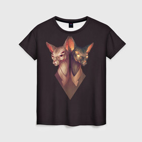 Женская футболка 3D с принтом Mystical Sphinxes  в Кировске, 100% полиэфир ( синтетическое хлопкоподобное полотно) | прямой крой, круглый вырез горловины, длина до линии бедер | египет | коты | мистика | сфинксы | фараоны