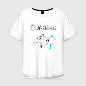 Мужская футболка хлопок Oversize с принтом Cuphead в Кировске, 100% хлопок | свободный крой, круглый ворот, “спинка” длиннее передней части | Тематика изображения на принте: cuphead | tdcuphd | горит пукан | двое | игры | невозможно пройти. | чашки головы | чашкоголовые