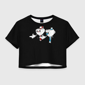 Женская футболка Crop-top 3D с принтом CUPHEAD PULP FICTION в Кировске, 100% полиэстер | круглая горловина, длина футболки до линии талии, рукава с отворотами | Тематика изображения на принте: art | cartoon | cup | cuphead | devil | dice | fiction | game | king | mugman | pulp | the | арт | бос | босс | голова | демон | дьявол | игра | капхед | криминальное | магмен | мультик | мультфильм | платформер | чаша | чашка | человек | черт 