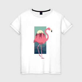 Женская футболка хлопок с принтом Фламинго лес и закат в Кировске, 100% хлопок | прямой крой, круглый вырез горловины, длина до линии бедер, слегка спущенное плечо | africa | afrika | bird | double exposure | fashion | flamingo | forest | landscape | pink flamingo | summer | sunset | африка | двойная экспозиция | лес | лето | мода | нарисованный фламинго | пейзаж | птица | рисунок | розовый фламинго | тре