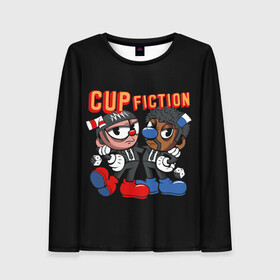 Женский лонгслив 3D с принтом CUP FICTION в Кировске, 100% полиэстер | длинные рукава, круглый вырез горловины, полуприлегающий силуэт | Тематика изображения на принте: art | cartoon | cup | cuphead | devil | dice | fiction | game | king | mugman | pulp | the | арт | бос | босс | голова | демон | дьявол | игра | капхед | криминальное | магмен | мультик | мультфильм | платформер | чаша | чашка | человек | черт 