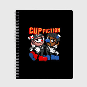 Тетрадь с принтом CUP FICTION в Кировске, 100% бумага | 48 листов, плотность листов — 60 г/м2, плотность картонной обложки — 250 г/м2. Листы скреплены сбоку удобной пружинной спиралью. Уголки страниц и обложки скругленные. Цвет линий — светло-серый
 | Тематика изображения на принте: art | cartoon | cup | cuphead | devil | dice | fiction | game | king | mugman | pulp | the | арт | бос | босс | голова | демон | дьявол | игра | капхед | криминальное | магмен | мультик | мультфильм | платформер | чаша | чашка | человек | черт 