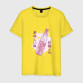 Мужская футболка хлопок с принтом Японский лимонад в Кировске, 100% хлопок | прямой крой, круглый вырез горловины, длина до линии бедер, слегка спущенное плечо. | japan | japanese | juice | lemonade | pink | soda | strawberry | water | вода | газировка | джюс | иероглифы | кандзи | катакана | клубника | напиток | розовый цвет | символы | сода | содовая | сок | токио | хирагана | япония
