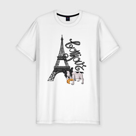 Мужская футболка хлопок Slim с принтом Бонжур в Кировске, 92% хлопок, 8% лайкра | приталенный силуэт, круглый вырез ворота, длина до линии бедра, короткий рукав | париж | франция | цветы | эйфелева башня