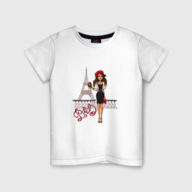 Детская футболка хлопок с принтом Париж в Кировске, 100% хлопок | круглый вырез горловины, полуприлегающий силуэт, длина до линии бедер | башня | берет | любовь | мечта | франция