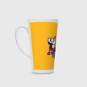 Кружка Латте с принтом CUPHEAD в Кировске, Белая керамика | Объем 480 мл; Высота 150 мм; Диаметр 90 мм | art | cartoon | cup | cuphead | devil | dice | game | king | mugman | the | арт | бос | босс | голова | демон | дьявол | игра | капхед | магмен | мультик | мультфильм | платформер | чаша | чашка | человек | черт