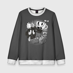 Детский свитшот 3D с принтом CUPHEAD в Кировске, 100% полиэстер | свободная посадка, прямой крой, мягкая тканевая резинка на рукавах и понизу свитшота | art | cartoon | cup | cuphead | devil | dice | game | king | mugman | the | арт | бос | босс | голова | демон | дьявол | игра | капхед | магмен | мультик | мультфильм | платформер | чаша | чашка | человек | черт