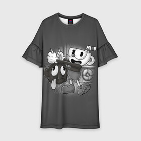 Детское платье 3D с принтом CUPHEAD в Кировске, 100% полиэстер | прямой силуэт, чуть расширенный к низу. Круглая горловина, на рукавах — воланы | Тематика изображения на принте: art | cartoon | cup | cuphead | devil | dice | game | king | mugman | the | арт | бос | босс | голова | демон | дьявол | игра | капхед | магмен | мультик | мультфильм | платформер | чаша | чашка | человек | черт