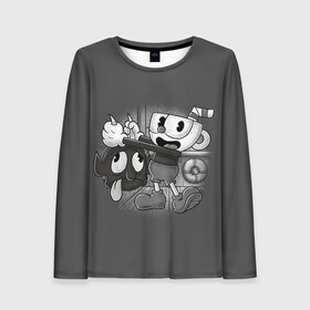 Женский лонгслив 3D с принтом CUPHEAD в Кировске, 100% полиэстер | длинные рукава, круглый вырез горловины, полуприлегающий силуэт | art | cartoon | cup | cuphead | devil | dice | game | king | mugman | the | арт | бос | босс | голова | демон | дьявол | игра | капхед | магмен | мультик | мультфильм | платформер | чаша | чашка | человек | черт