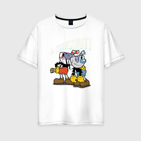 Женская футболка хлопок Oversize с принтом CUPHEAD в Кировске, 100% хлопок | свободный крой, круглый ворот, спущенный рукав, длина до линии бедер
 | art | cartoon | cup | cuphead | devil | dice | game | king | mugman | the | арт | бос | босс | голова | демон | дьявол | игра | капхед | магмен | мультик | мультфильм | платформер | чаша | чашка | человек | черт