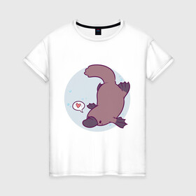 Женская футболка хлопок с принтом Утконос в Кировске, 100% хлопок | прямой крой, круглый вырез горловины, длина до линии бедер, слегка спущенное плечо | animals | животное | зверь | пузырьки | сердечко | утконос