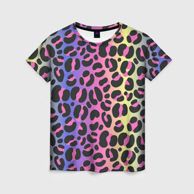Женская футболка 3D с принтом Neon Leopard Pattern в Кировске, 100% полиэфир ( синтетическое хлопкоподобное полотно) | прямой крой, круглый вырез горловины, длина до линии бедер | africa | afrika | gradient | summer | tropical | африка | африканский узор | градиент | леопард | леопардовый узор | лето | неон | неоновое свечение | паттерт | пятна | разные цвета | саванна | тропики | тропический узор