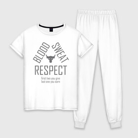 Женская пижама хлопок с принтом Blood Sweat RESPECT в Кировске, 100% хлопок | брюки и футболка прямого кроя, без карманов, на брюках мягкая резинка на поясе и по низу штанин | Тематика изображения на принте: blood | bodybuilding | bull | crossfit | dwayne johnson | fitness | gym | logo | motivation | project | respect | sport | star | sweat | the rock | under armour | бодибилдинг | броня | бык | дуэйн джонсон | звезда | качалка | кровь | кроссфит | лого | мот