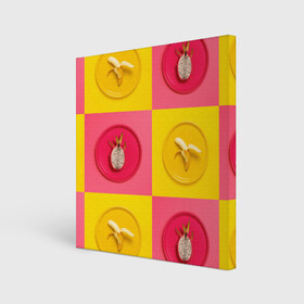 Холст квадратный с принтом фрукты шахматы в Кировске, 100% ПВХ |  | 3d | банан | вкусняшки | еда | желтый | клетка | розовый | фрукты