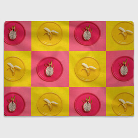 Плед 3D с принтом фрукты шахматы в Кировске, 100% полиэстер | закругленные углы, все края обработаны. Ткань не мнется и не растягивается | 3d | банан | вкусняшки | еда | желтый | клетка | розовый | фрукты
